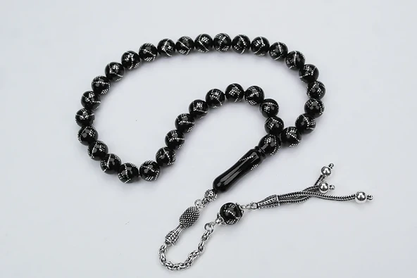 Oltu Taşı Küre  Model Tek  Zikzak Dokuzlu Baklava İşlemeli Tespih - Resim 2