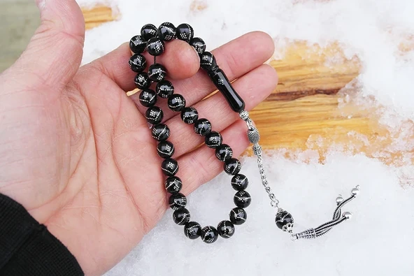 Oltu Taşı Küre  Model Tek  Zikzak Dokuzlu Baklava İşlemeli Tespih - Resim 4