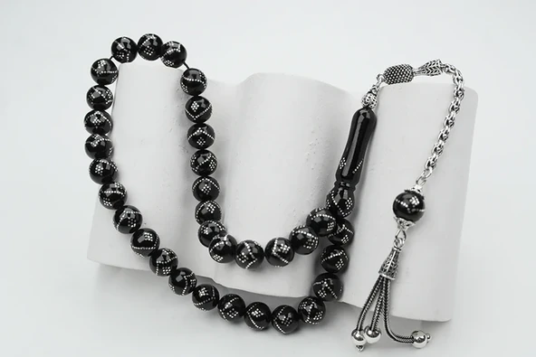 Oltu Taşı Küre  Model Tek  Zikzak Dokuzlu Baklava İşlemeli Tespih - Resim 5