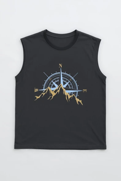 Erkek %100 Pamuk Bisiklet Yaka Pusula Baskılı Kolsuz T-shirt - Resim 2