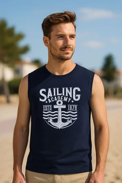 Erkek %100 Pamuk Bisiklet Yaka Baskılı Kolsuz T-shirt