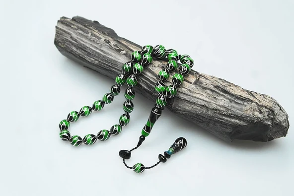  Oltu Taşı Ve Yeşil Galalith Çeşmi Bülbül İşlemeli Tespih - Resim 3