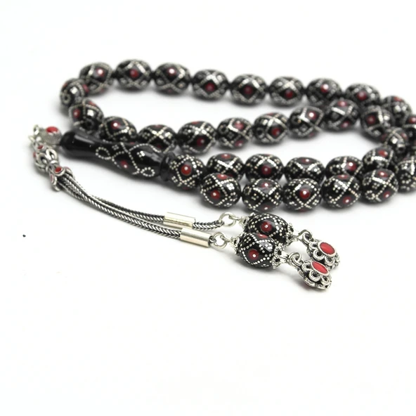 Oltu Taşı  Beyzi Fiyonk Kırmızı İşlemeli Tespih   ürün görseli 1