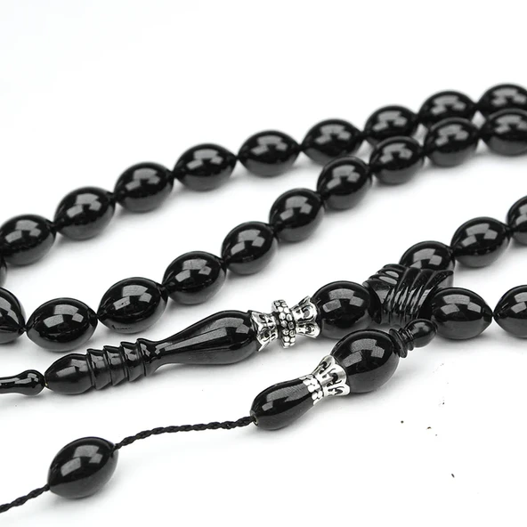 Oltu Taşı Beyzi Kesim Gümüş Nakkaş Oyma İmame Tespih - Resim 2