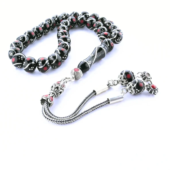 Oltu Taşı Küre Model Üçlü Çeşmi Bülbül  Kırmızı İşlemeli  Bürokrat Boy Tespih ürün görseli 1