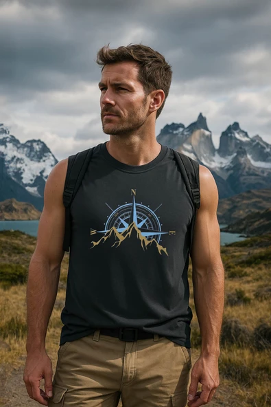 Erkek %100 Pamuk Bisiklet Yaka Pusula Baskılı Kolsuz T-shirt ürün görseli 1