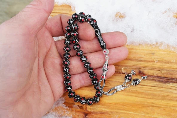 Oltu Taşı Küre Model Üçlü Çeşmi Bülbül  Kırmızı İşlemeli  Bürokrat Boy Tespih - Resim 4