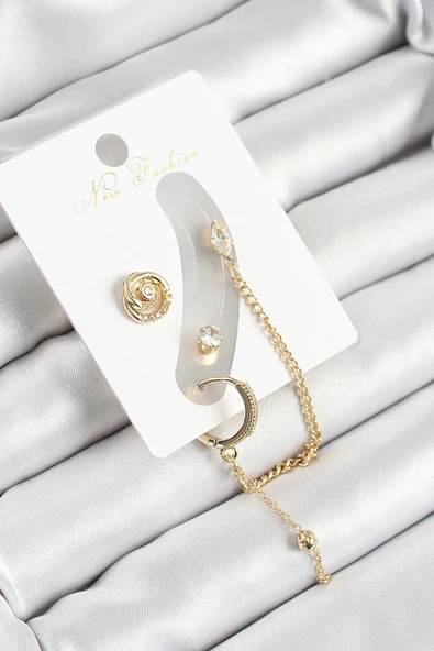 Pirinç Halka Figürlü Zirkon Taşlı Gold Renk 3'lü Kıkırdak Kadın Küpe Set