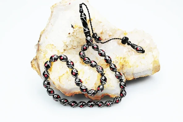 Oltu Taşı Beyzi Model Çeşmi Kırmızı İşleme Tespih - Resim 4