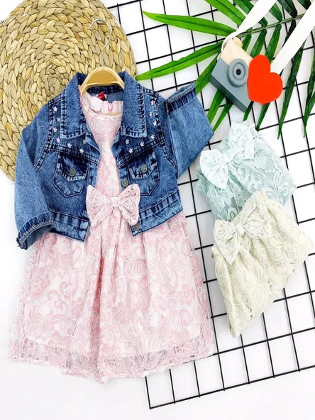 2-3-4-5 Yaş Kot Ceketli Astarlı Güpürlü 2li Kız Çocuk Elbisesi Yeşil - 2