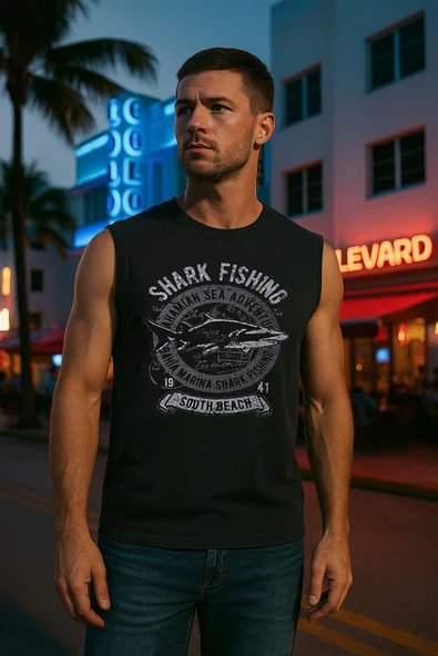 Erkek %100 Pamuk Bisiklet Yaka Shark Baskılı Kolsuz T-shirt