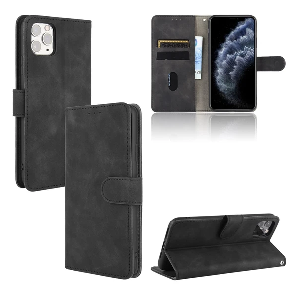iPhone 11 Pro PU Deri Kılıf - Siyah - Manyetik Klipsli - Yatay Flip - Kart Yuvalı