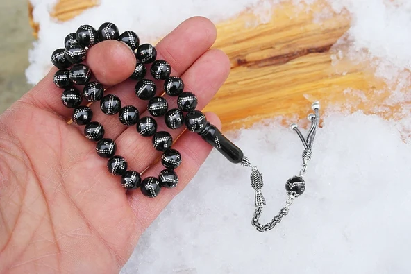 Oltu Taşı Küre  Model Çift Zikzak Dörtlü İşlemeli Tespih - Resim 4