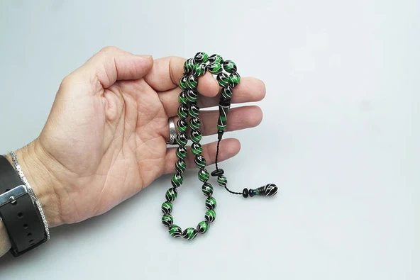  Oltu Taşı Ve Yeşil Galalith Çeşmi Bülbül İşlemeli Tespih - Resim 2