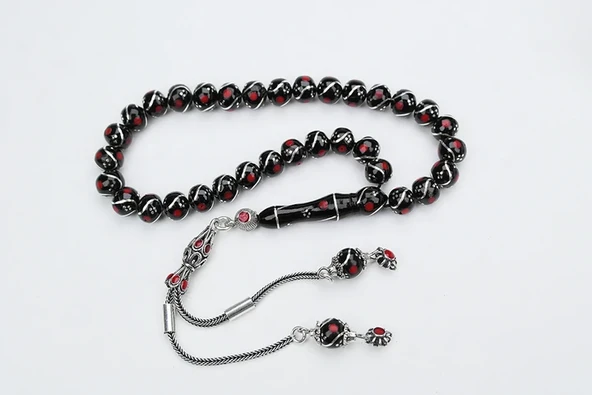 Oltu Taşı Küre Model Üçlü Çeşmi Bülbül  Kırmızı İşlemeli  Bürokrat Boy Tespih - Resim 2