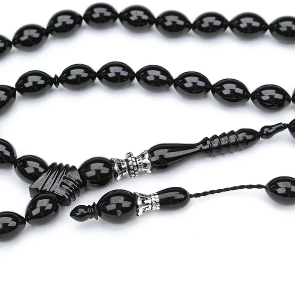 Oltu Taşı Beyzi Kesim Gümüş Nakkaş Oyma İmame Tespih - Resim 4