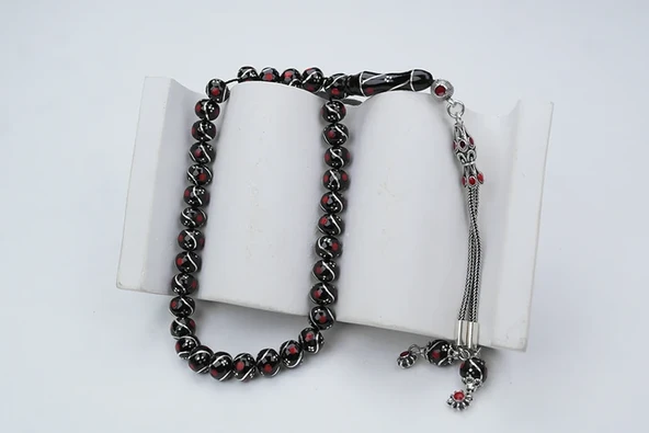 Oltu Taşı Küre Model Üçlü Çeşmi Bülbül  Kırmızı İşlemeli  Bürokrat Boy Tespih - Resim 5