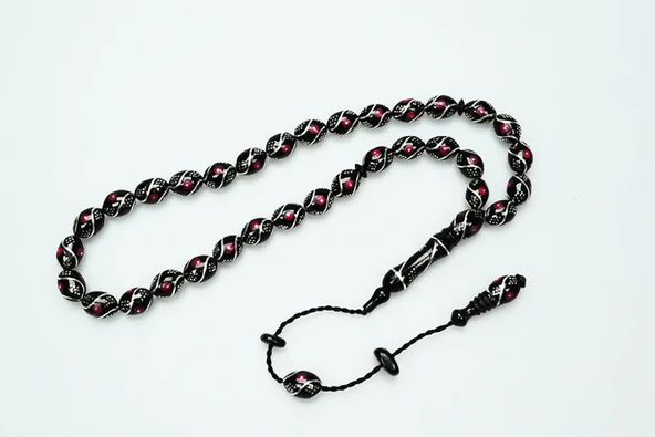 Oltu Taşı Beyzi Model Çeşmi Kırmızı İşleme Tespih - Resim 2