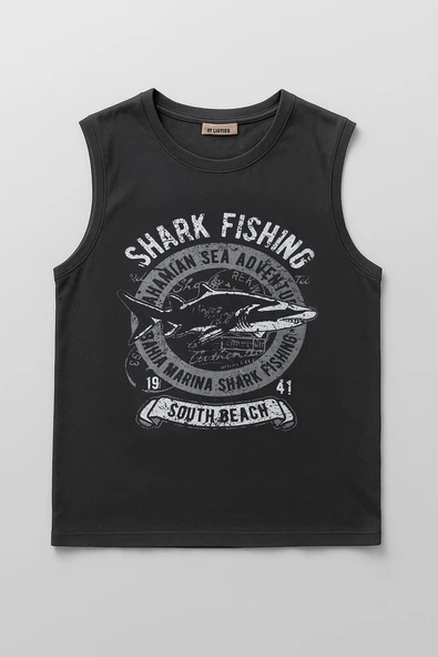 Erkek %100 Pamuk Bisiklet Yaka Shark Baskılı Kolsuz T-shirt - 2