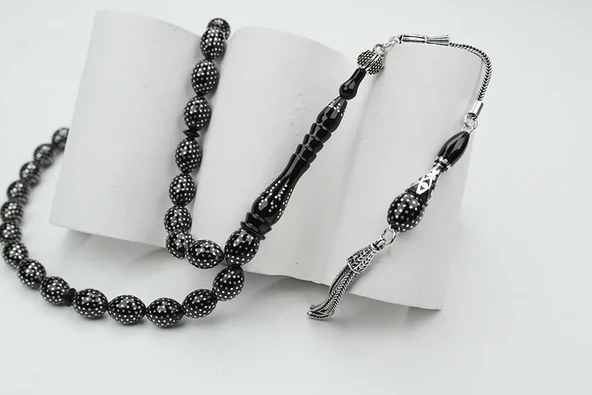 Oltu Taşı Beyzi Model Nokta Çeşmi Bülbül İşlemeli Tespih - Resim 5