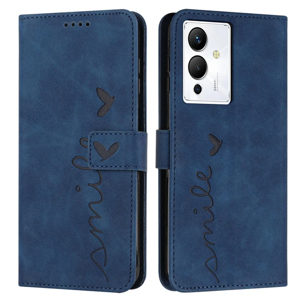Infinix Note 12 Deri Telefon Kılıfı - Kalp Desenli - Mavi