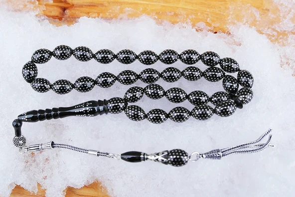 Oltu Taşı Beyzi Model Nokta Çeşmi Bülbül İşlemeli Tespih - Resim 4