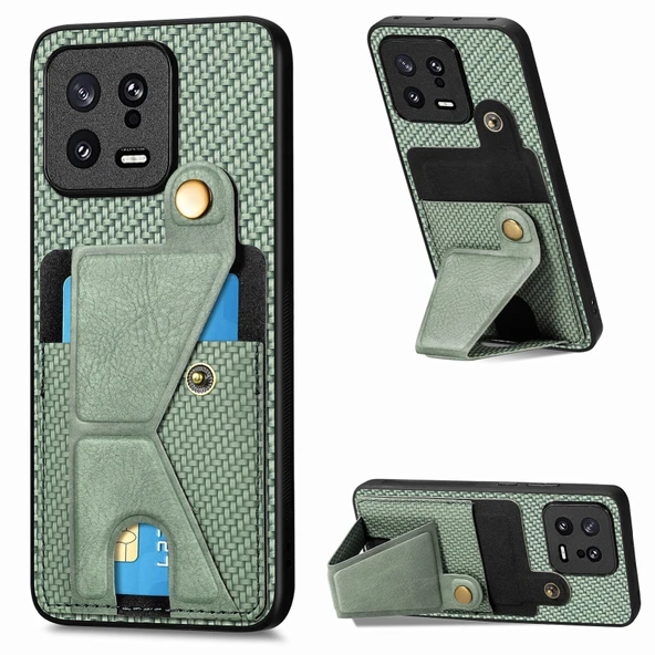 Karbon Fiber Cüzdan Flip Kart Tutucu Telefon Kılıfı - Yeşil - Xiaomi 13 - 1