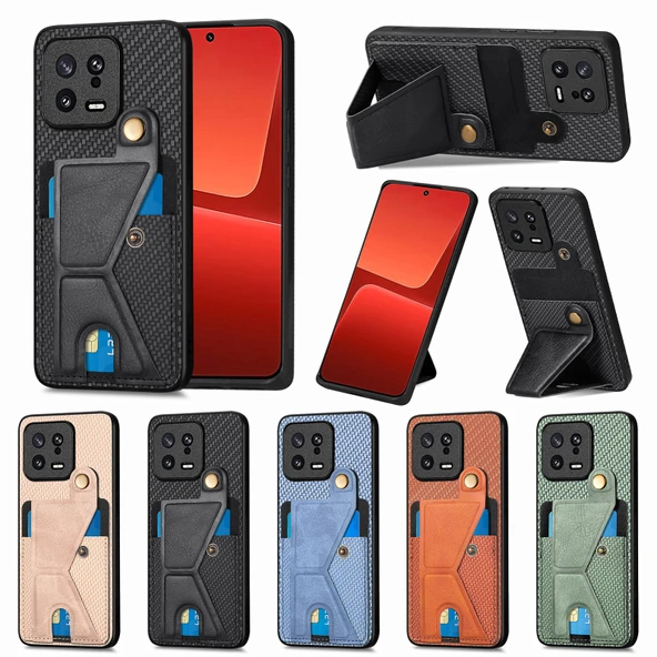 Karbon Fiber Cüzdan Flip Kart Tutucu Telefon Kılıfı - Yeşil - Xiaomi 13 - 4