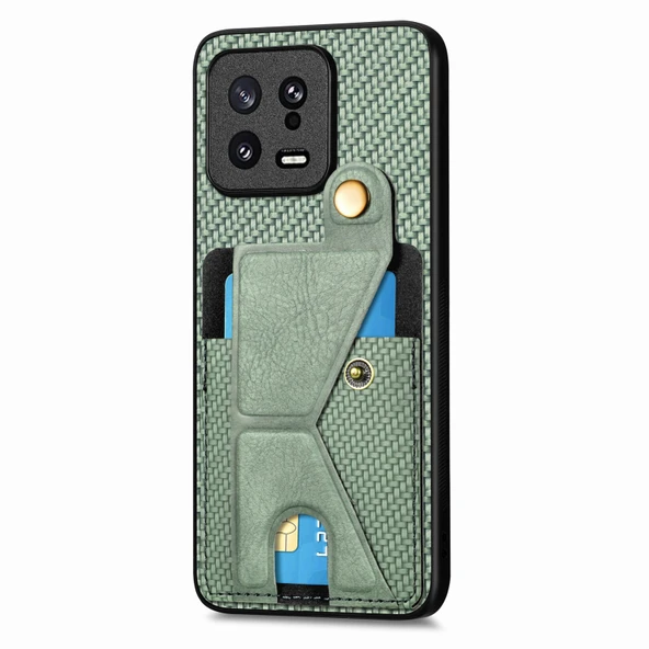 Karbon Fiber Cüzdan Flip Kart Tutucu Telefon Kılıfı - Yeşil - Xiaomi 13 - 2