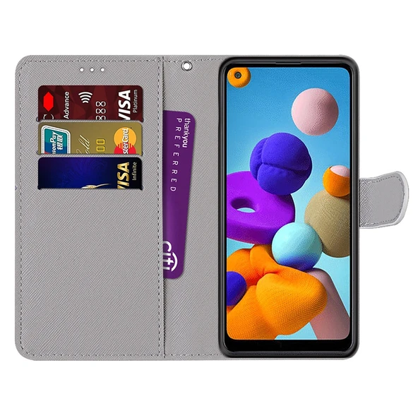 Samsung Galaxy A21 PU Deri Kılıf - Çizgili Desen - Ayakkabı Kedisi - 3