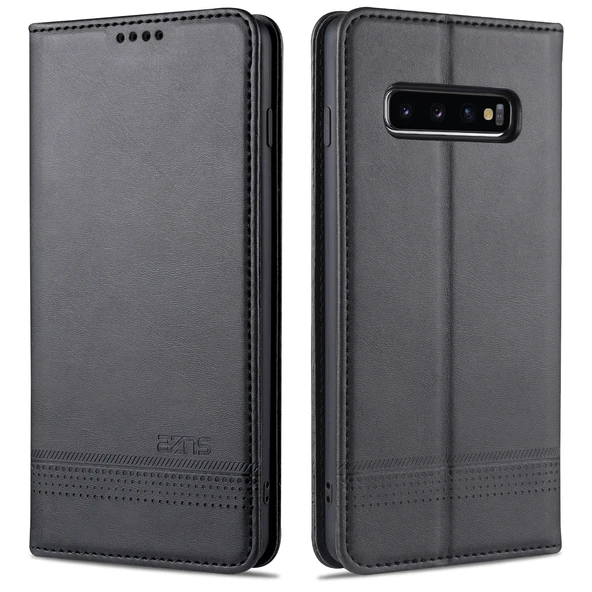 Samsung Galaxy S10 Deri Kılıf - Siyah - Manyetik - Kart Yuvalı