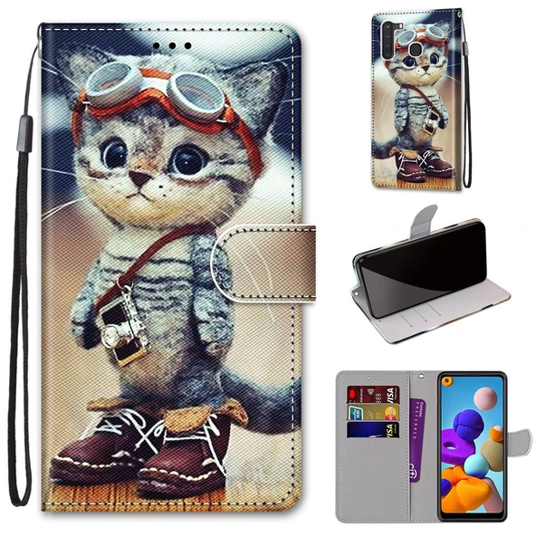 Samsung Galaxy A21 PU Deri Kılıf - Çizgili Desen - Ayakkabı Kedisi