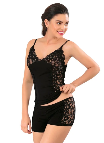 ASM1319 Kadın Siyah Penye Atlet Şort Fantastik Set Takım