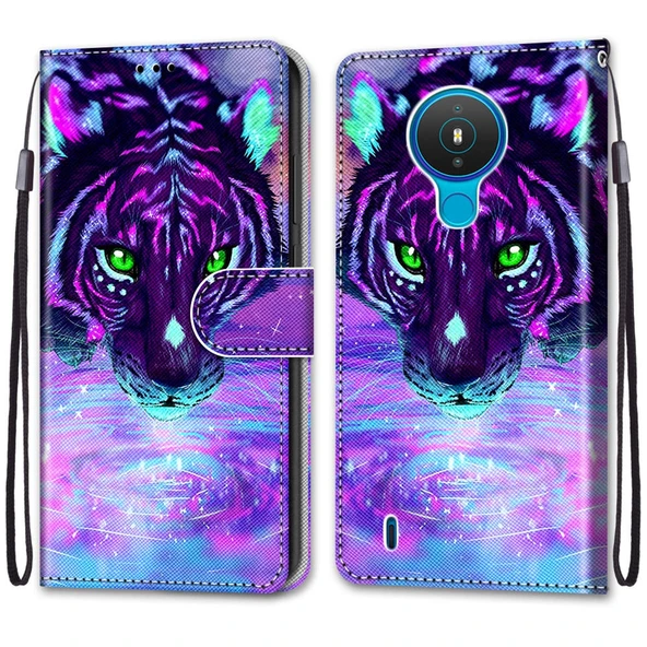 Nokia 1.4 PU Deri Kılıf - Kaplan Desenli - Yatay Flip - Kart Yuvalı ve Cüzdanlı - 2