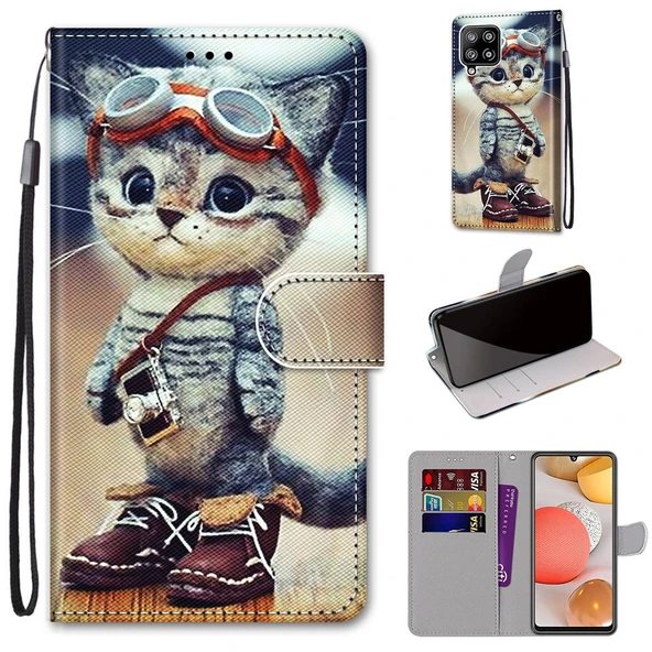 Samsung Galaxy A42 5G PU Deri Kılıf - Çizgili Kedi Desenli - Yatay Flip