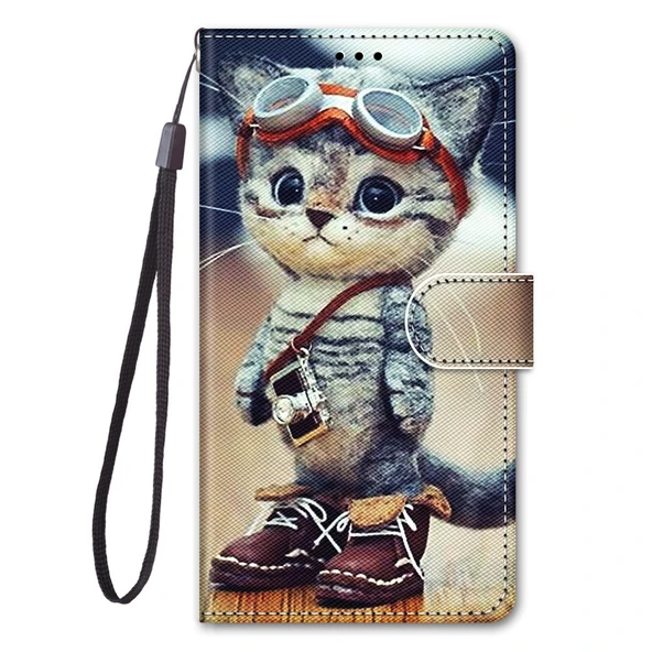 Samsung Galaxy A42 5G PU Deri Kılıf - Çizgili Kedi Desenli - Yatay Flip - 2