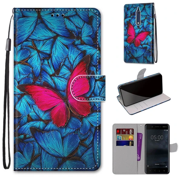 Nokia 5 PU Deri Kılıf - Mavi Kırmızı Kelebek Desenli - Yatay Flip - Kart Yuvalı