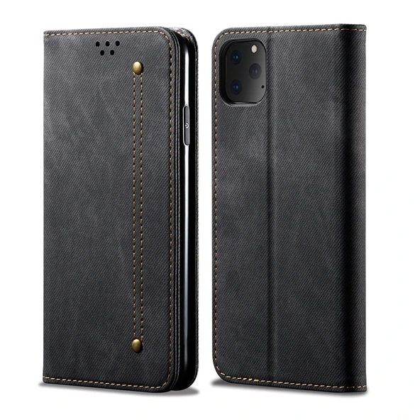 Deri Telefon Kılıfı - iPhone 11 Pro Max - Siyah - Denim Doku - Yatay Flip Tasarım