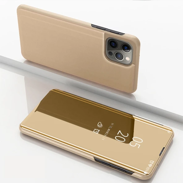 Dikey Ayna Deri Telefon Kılıfı - iPhone 15 Pro Max - Altın