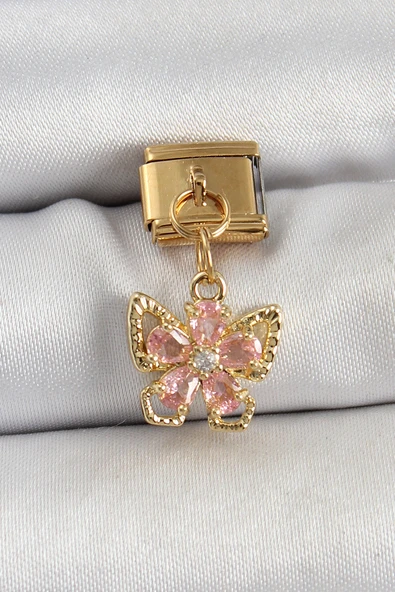 316L Çelik Sallantılı Zirkon Taşlı Çiçek Figürlü Kelebek Model Gold Renk Nomination Charm - TJ-BC1419