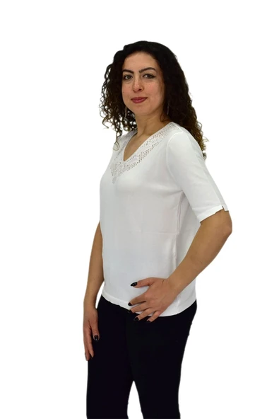 Kadın Yarım Kol V Yaka Yaka Sırt Detaylı Triko Tişöt 12835 BGL-ST04657 - 7