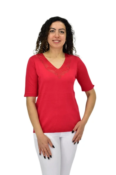 Kadın Yarım Kol V Yaka Yaka Sırt Detaylı Triko Tişöt 12835 BGL-ST04657 - 10