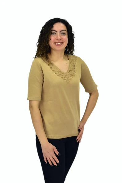 Kadın Yarım Kol V Yaka Yaka Sırt Detaylı Triko Tişöt 12837 BGL-ST04658 - Resim 8