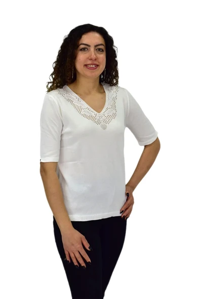 Kadın Yarım Kol V Yaka Yaka Sırt Detaylı Triko Tişöt 12837 BGL-ST04658 - Resim 12