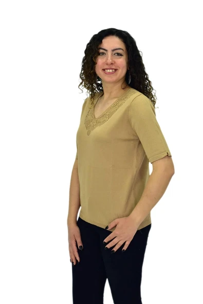 Kadın Yarım Kol V Yaka Yaka Sırt Detaylı Triko Tişöt 12835 BGL-ST04657 - 3