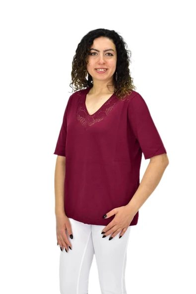 Kadın Yarım Kol V Yaka Yaka Sırt Detaylı Triko Tişöt 12837 BGL-ST04658 - Resim 3