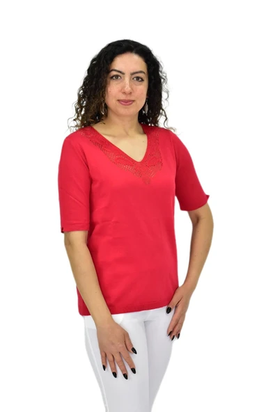 Kadın Yarım Kol V Yaka Yaka Sırt Detaylı Triko Tişöt 12835 BGL-ST04657 - 12