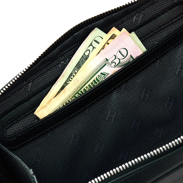 Carlye Hakiki Deri Siyah Uniseks Ön Cepli Bileklikli Fermuarlı Rfid Korumalı Çanta - Resim 3