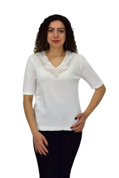 Kadın Yarım Kol V Yaka Yaka Sırt Detaylı Triko Tişöt 12835 BGL-ST04657 - 6