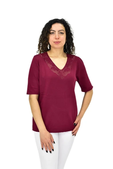 Kadın Yarım Kol V Yaka Yaka Sırt Detaylı Triko Tişöt 12837 BGL-ST04658 - Resim 4
